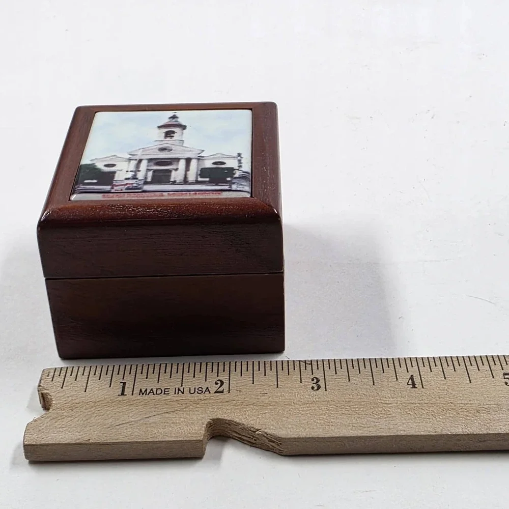 Vintage Wooden Trinket Box Church Cathedral Tile Inlay Velvet Lined Jewelry Box